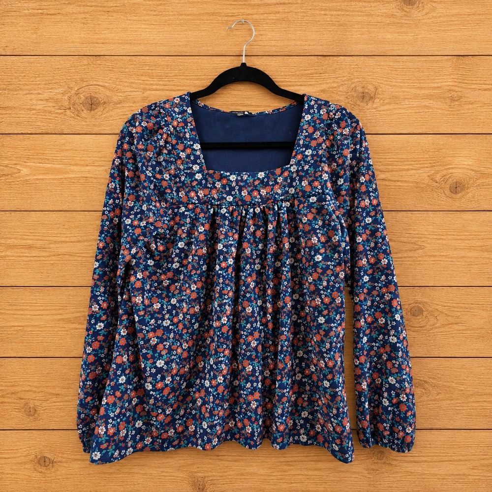 Lucky Brand Floral Babydoll Top Womens Small Petite Navy Cottagecore